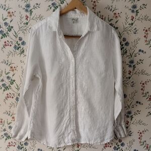 LL Bean 100% Linen Coastal Beach Long-sleeve Top With Floral Embroidery Detail